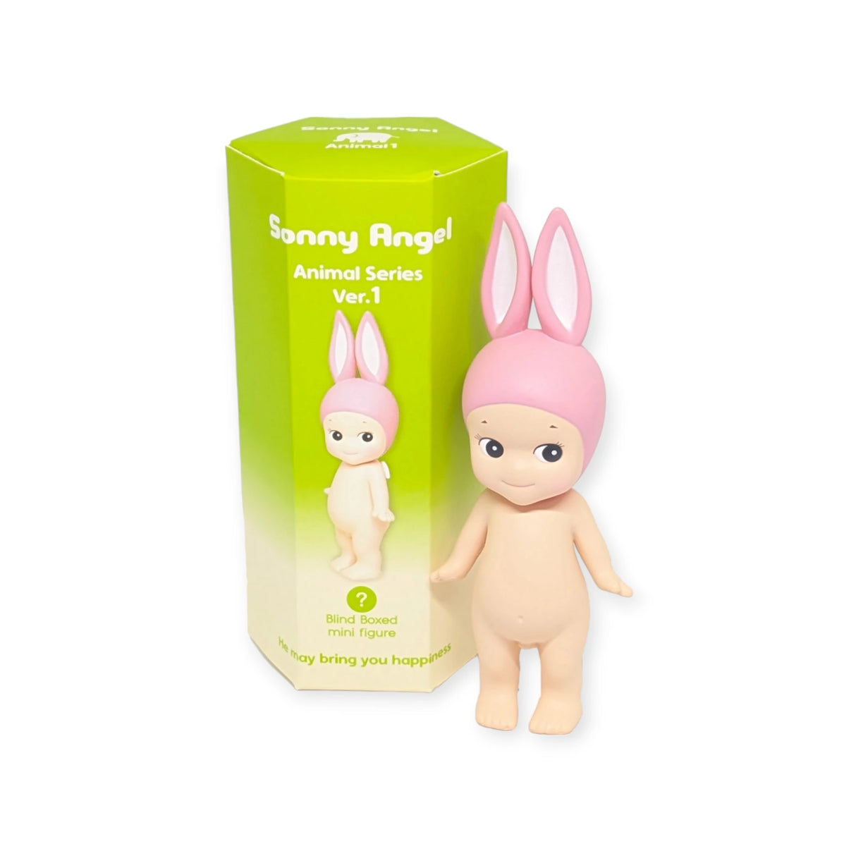 A collector's favorite, the Sonny Angel mini figure from the Animal Version 1 Series by Sonny Angel, is displayed with its eye-catching green and yellow box while donning a pink rabbit hat.