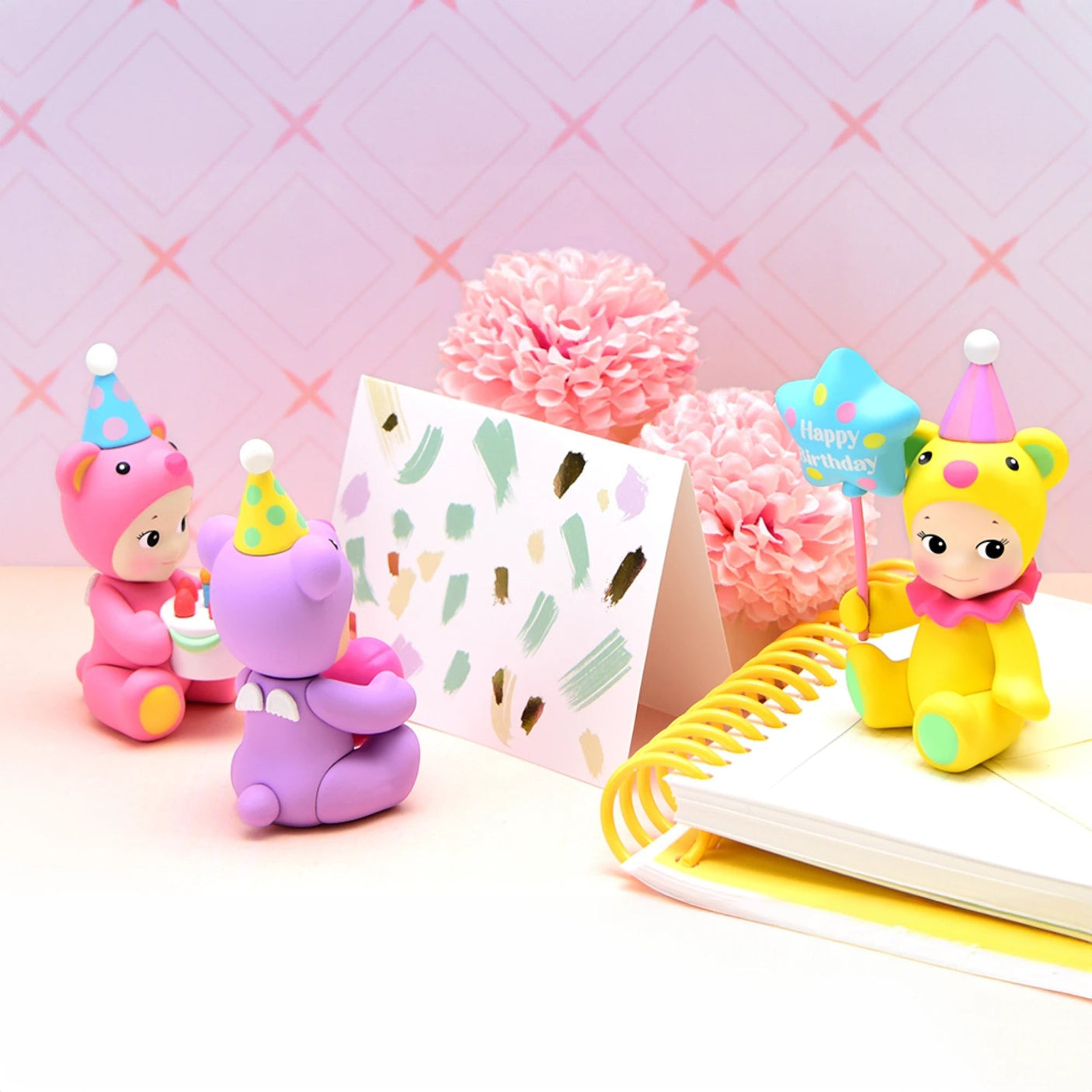 Birthday bear figurines with gift bag, notebook, cake, and 'Happy Birthday' balloon pick