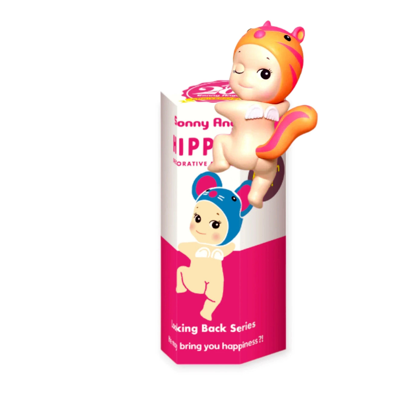 A toy figurine is perched on a decorative box labeled "Sonny Angel Hippers Blind Box - Looking Back." This collectible figure, from the Sonny Angel brand, is part of the Looking Back series. The box features illustrations of similar figurines alongside text that exclaims, "They bring you happiness?!