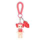 This adorable Sonny Angel Kiss Kiss Series keychain features a plastic figure in a pink hat and "LOVE" shirt, attached to a coiled pink loop with a charming red lip-shaped tag, perfect for your collection.