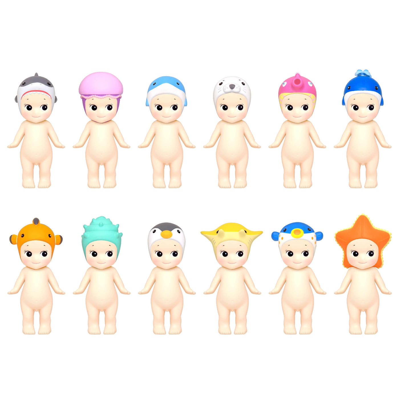 A dozen identical figures from the Sonny Angel Marine Series are arranged in two rows, featuring whimsical animal-themed hats. These ocean-inspired creations from the brand, Sonny Angel, add a touch of nautical charm to any collection.