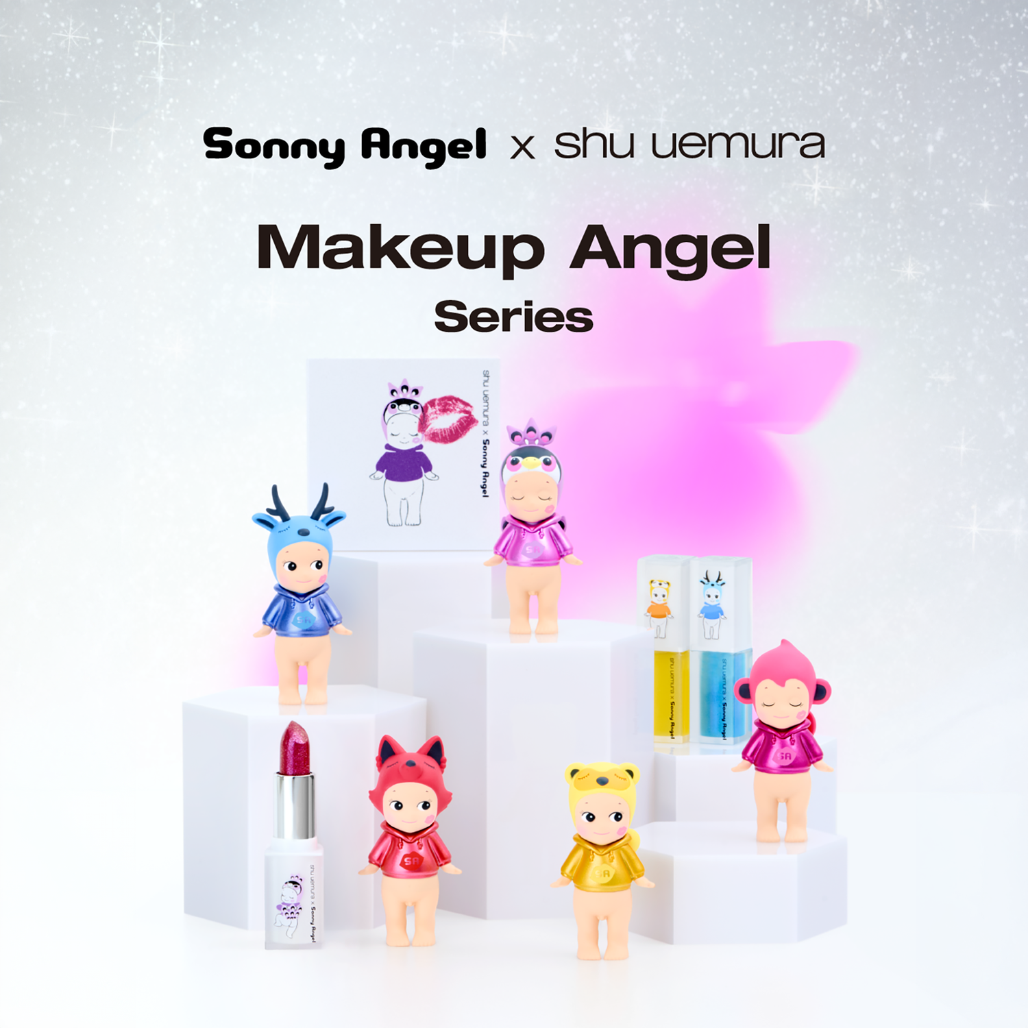 Collection display of Makeup Angel blind box figures on white cubes with boxed items