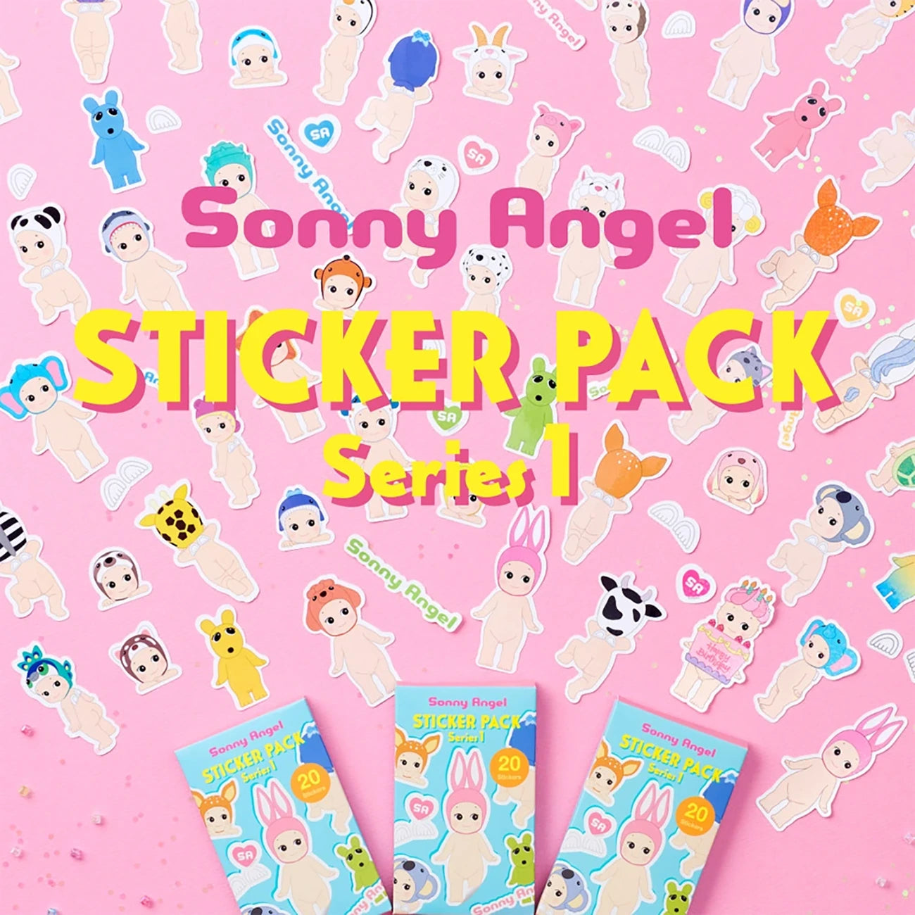 The Sonny Angel Blind Box - Sticker Pack Series 1 features charming, vibrant stickers renowned for their whimsical designs and water-resistant quality. Displayed beautifully on a pink background, these delightful collectibles will surprise any collector with their enchanting allure.