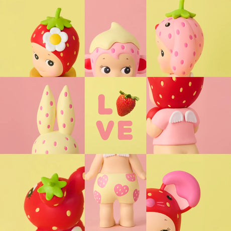 Nine close-up shots of small dolls wearing strawberry and cream-themed hats and outfits on pastel backgrounds