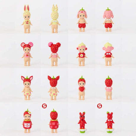 Collection of small dolls featuring fruit and animal-inspired headwear shown from front and back on white background