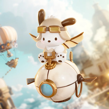 Steampunk Sanrio figure with aviator goggles and wings riding a vintage mechanical flying device in sky scene