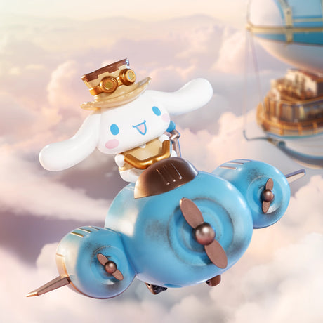 Sanrio steampunk figure with aviator hat flying a weathered blue retro propeller plane above clouds and airship background