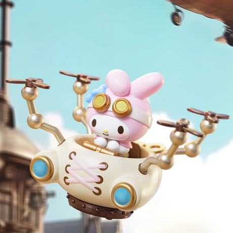 Sanrio steampunk character with pink hat and goggles piloting cream-colored mechanical flying vehicle with four propellers