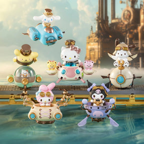 Sanrio Steampunk Figures featuring Hello Kitty and friends in mechanical vehicles with vintage inventor accessories on scenic backdrop