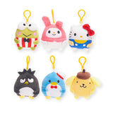 Product Description: A set of six Hello Kitty & Friends Keychains showcasing popular Sanrio Characters: a green frog, pink bunny, white cat, black penguin, blue penguin, and yellow dog. Each keychain features a convenient yellow clip attachment. Ideal for enthusiasts of Hello Kitty Keychains and other Sanrio merchandise.