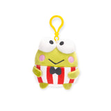 This charming Hello Kitty & Friends keychain, a delightful piece of Sanrio characters merch, showcases an adorable plush frog with large eyes and a bow tie, dressed in a red and white striped outfit.