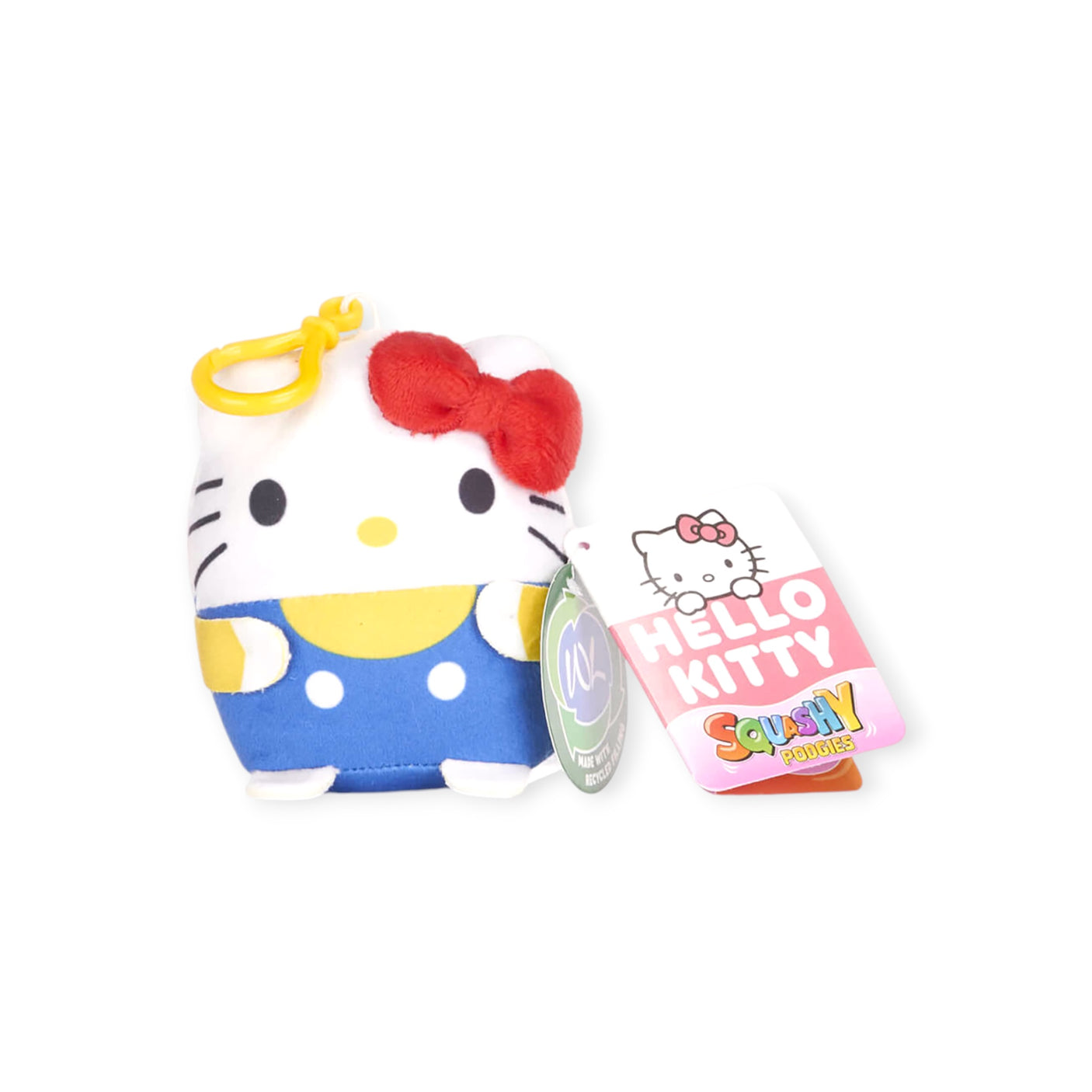 The Hello Kitty & Friends Keychains - Sanrio Characters features a Hello Kitty plush keychain, complete with a red bow and blue outfit, along with a branded tag. This charming accessory is ideal for any fan of Sanrio Merch and highlights the enduring appeal of Sanrio Characters.