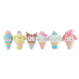 A set of six plush toys in pastel hues, shaped like ice cream cones with diverse animal and character designs, is available in the Hello Kitty & Friends - Ice Cream Blind Box collection. Each charming box from Hello Kitty offers a delightful surprise, providing fans with a cute and collectible experience.