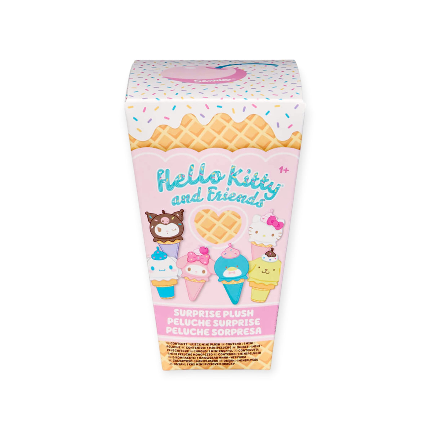 The Hello Kitty & Friends - Ice Cream Blind Box showcases vibrant packaging adorned with Hello Kitty and friends in playful ice cream cone designs. With text that says "Surprise Plush," it emphasizes the inclusion of a delightful Hello Kitty keychain inside. The box features a waffle pattern and sprinkles, capturing the playful essence of Sanrio plush toys.