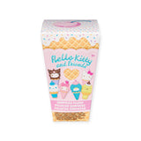 The Hello Kitty & Friends - Ice Cream Blind Box showcases vibrant packaging adorned with Hello Kitty and friends in playful ice cream cone designs. With text that says "Surprise Plush," it emphasizes the inclusion of a delightful Hello Kitty keychain inside. The box features a waffle pattern and sprinkles, capturing the playful essence of Sanrio plush toys.