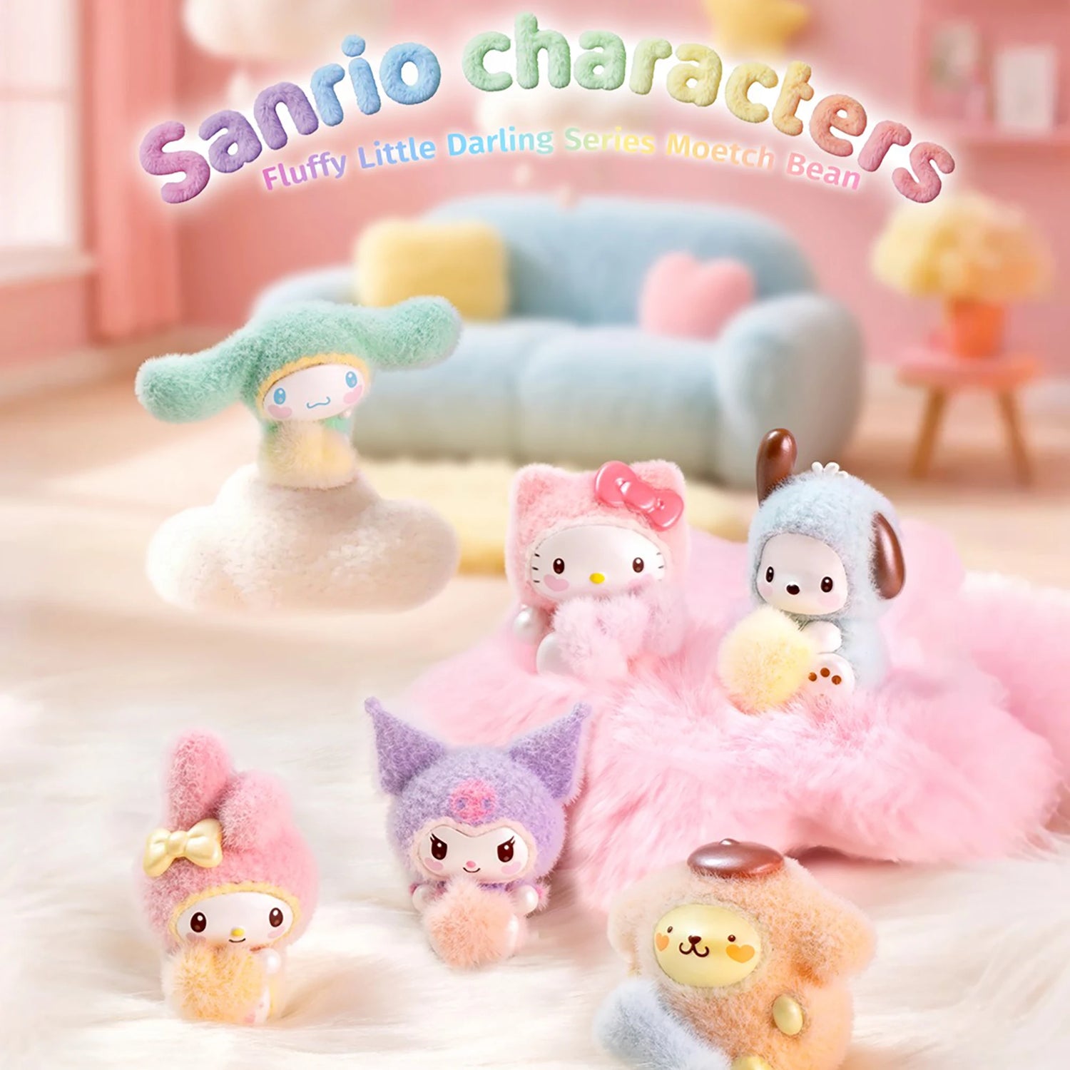 Assorted fluffy bean plush characters in a lineup, multiple faces visible