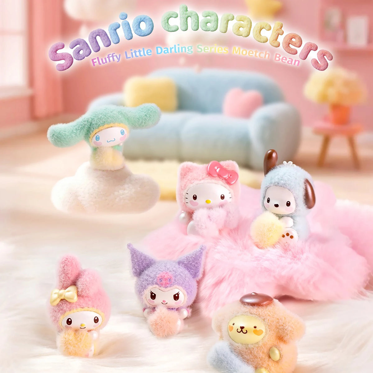 Assorted fluffy bean plush characters in a lineup, multiple faces visible