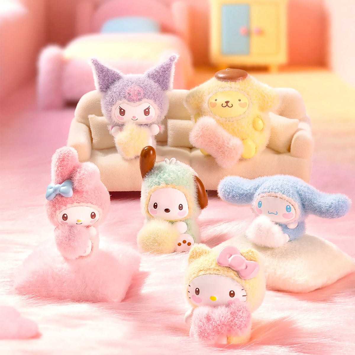 Multiple fluffy bean plush character figures, including cat, bunny, and star shapes