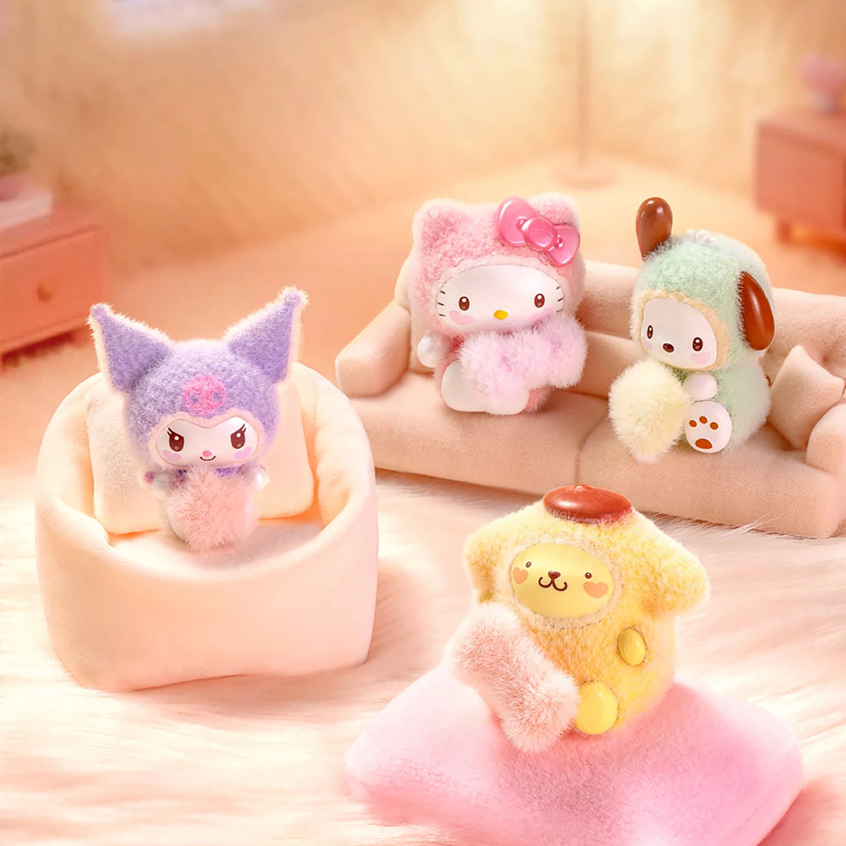 Fluffy bean plush characters posed on miniature sofa and ottoman