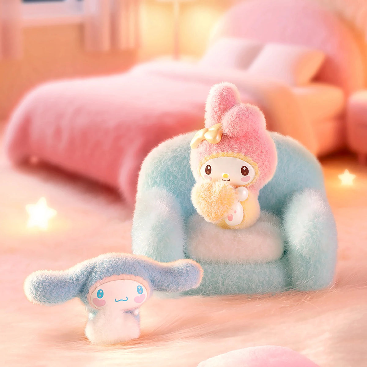 Fluffy plush bean character with teal chair, plus small blue character figure