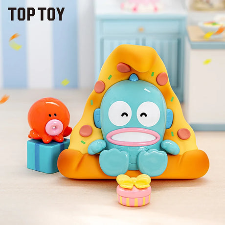 Blue cartoon character sitting with a large pizza slice and a small orange octopus on a gift box with a striped present nearby