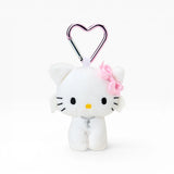 White plush kitty keychain with heart clasp, pink bow, silver charm