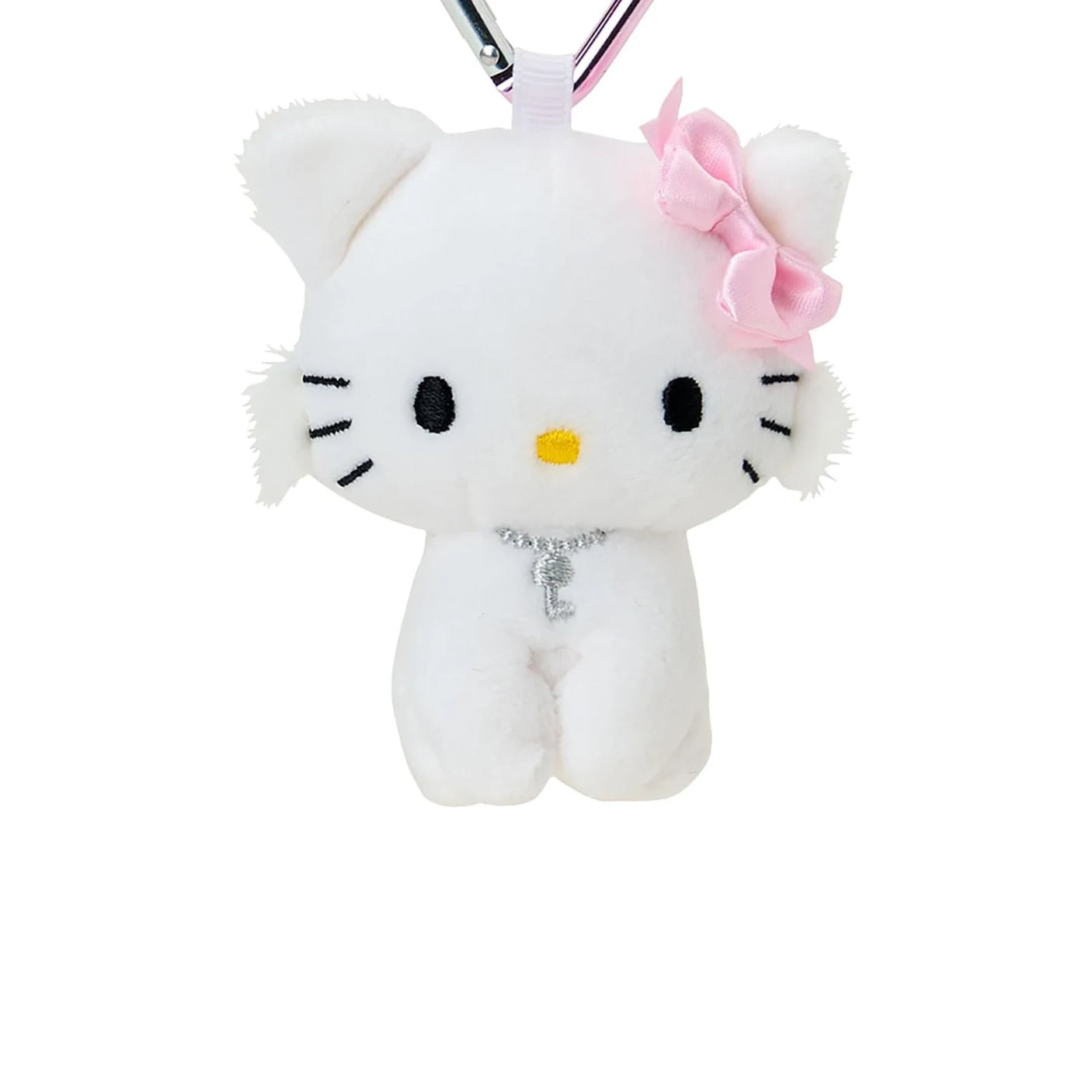White plush kitty keychain with heart clasp, pink bow, face and silver charm