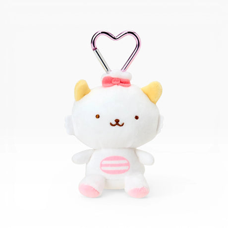 White plush cat keychain with heart clasp, pink striped belly and bow
