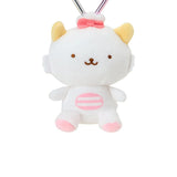 White plush cat keychain with heart clasp and pink bow on head