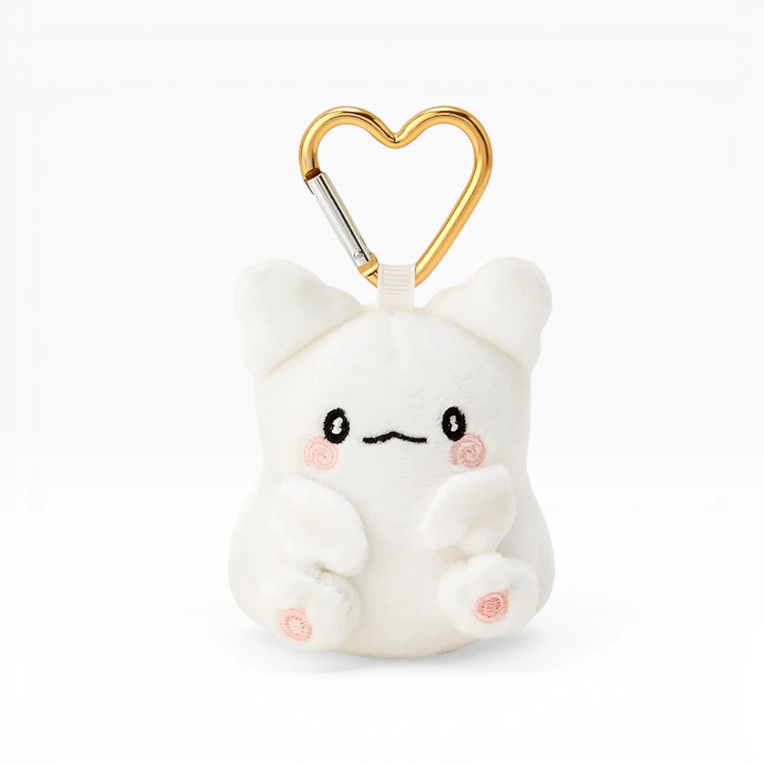 White plush keychain charm with gold heart clasp and smiling face, pink blush