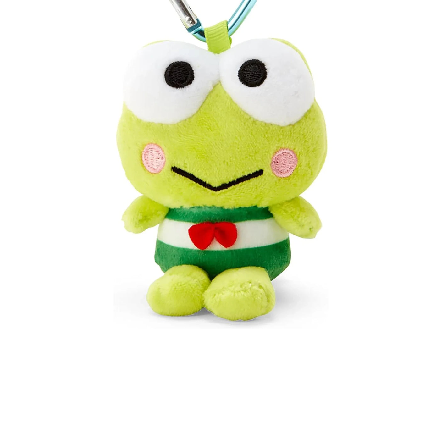 Green plush frog keychain with heart-shaped clasp, close-up face with red bow