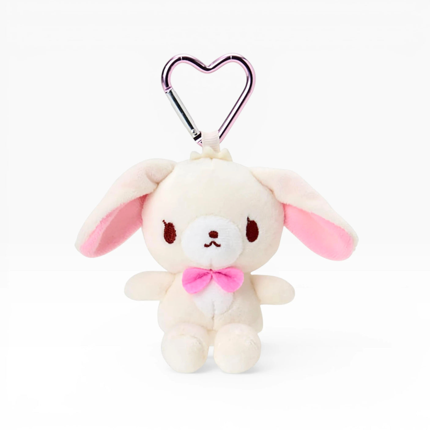 Sugarbunnies plush bunny keychain with heart clasp, cream face, red eyes, pink bow