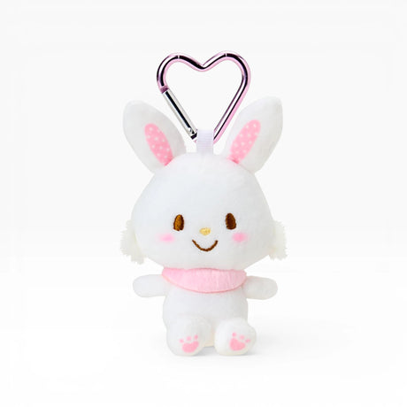 White plush bunny keychain with heart clasp, pink scarf and paw pads