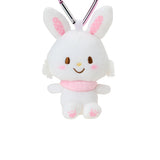 White plush bunny keychain with heart clasp, smiling face, pink scarf and bunny ears
