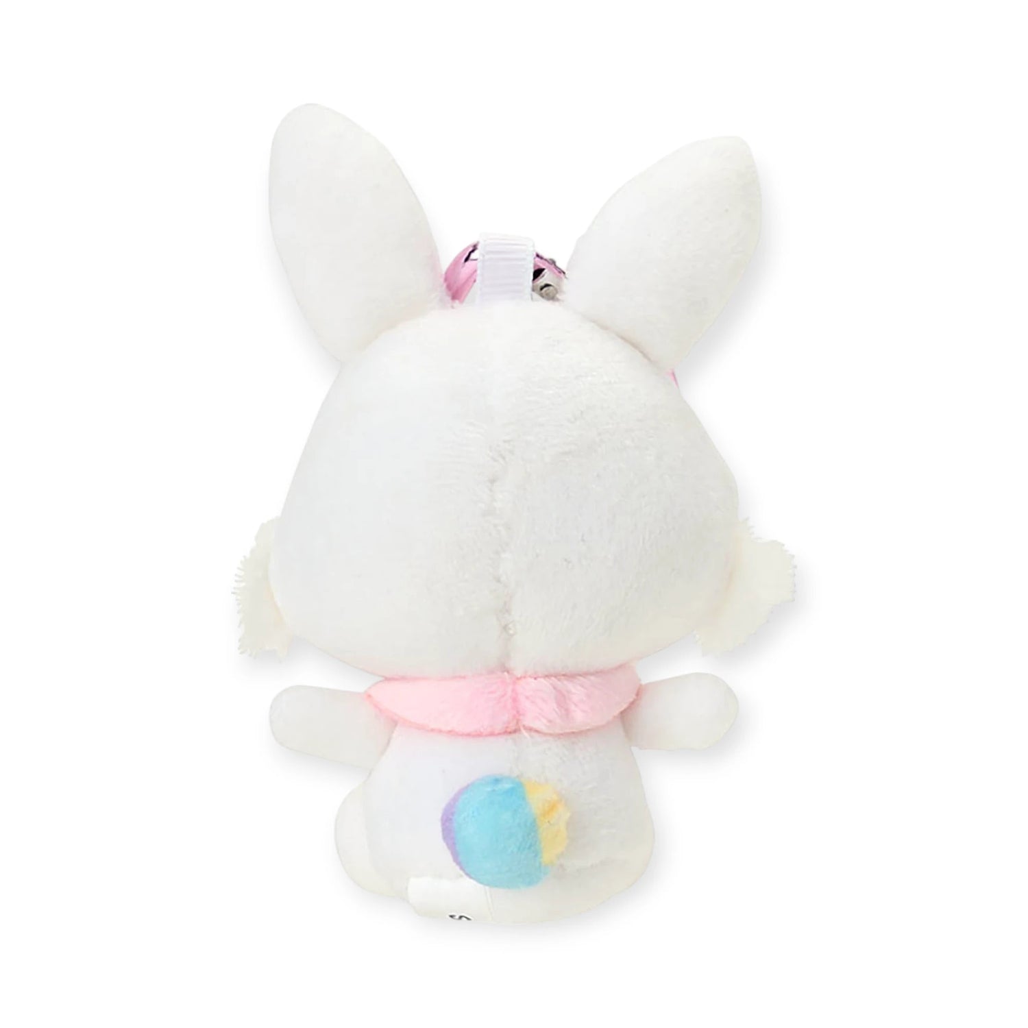 White plush bunny keychain, heart clasp at top, blue belly patch and pink scarf