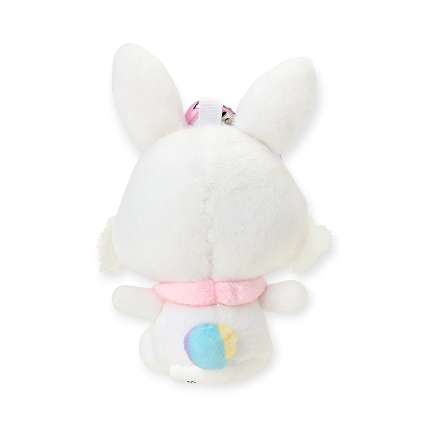 White plush bunny keychain, heart clasp at top, blue belly patch and pink scarf