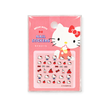 Hello Kitty nail stickers on pink card, cartoon faces, bows, and heart designs