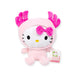 This Hello Kitty: Kawaii Kingdom Plushie, branded by Hello Kitty, is 25cm and features a soft axolotl pink design with charming antlers, a bow on its ear, and a "Kawaii Kingdom" tag.