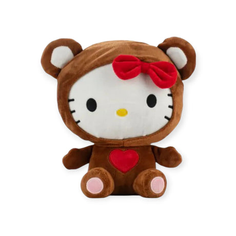 The Hello Kitty: Kawaii Kingdom Plushies - 25cm by Hello Kitty presents the charming character in a cute brown bear costume, featuring her red bow and chest heart. Perfect for fans, it stands out beautifully against white backgrounds.