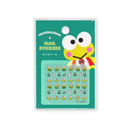 Nail sticker card with green Keroppi character graphics and a grid of mini sticker faces