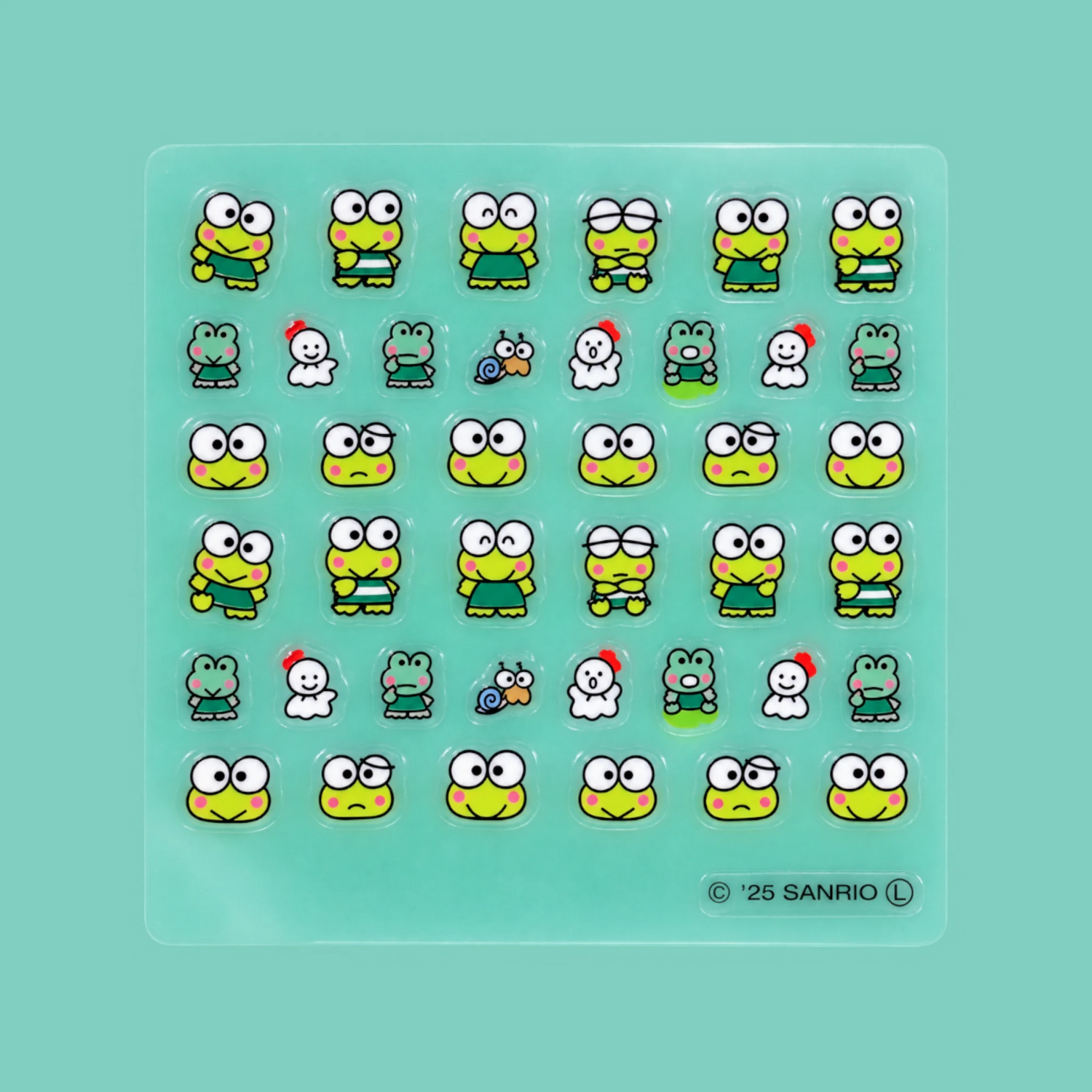 Teal nail sticker sheet with multiple Keroppi character designs in individual ovals
