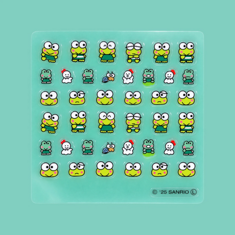 Teal nail sticker sheet with multiple Keroppi character designs in individual ovals