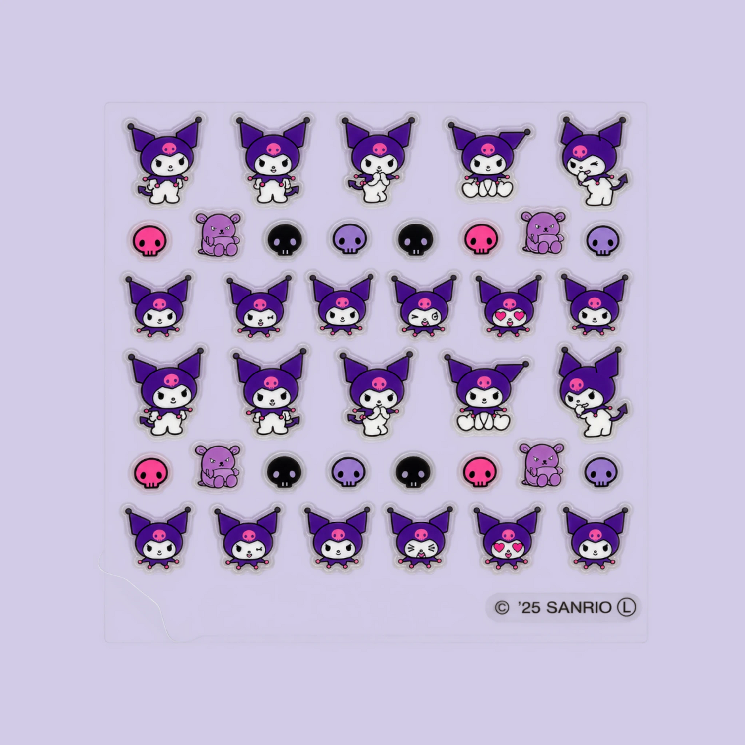Sheet of cartoon nail stickers with purple characters, skulls, and hearts