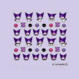 Sheet of cartoon nail stickers with purple characters, skulls, and hearts