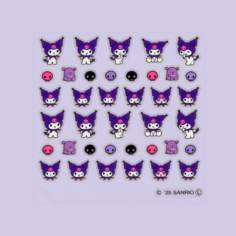 Sheet of cartoon nail stickers with purple characters, skulls, and hearts