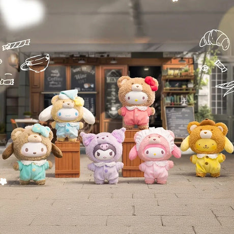 Group of six plush toys dressed in various colorful animal costumes standing and sitting outdoors on a paved surface