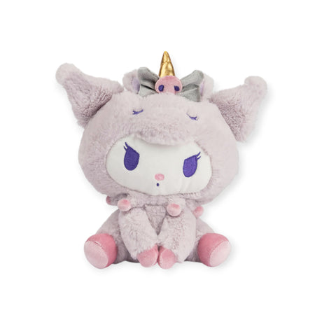 Introducing the Sanrio Kuromi Plush - Unicorn, a delightful plush toy for Hello Kitty enthusiasts. This charming figure showcases large ears, distinctive purple eyes, and a whimsical unicorn horn atop its head. Adorned in a light purple and pink color palette reminiscent of Kuromi Unicorn, it is set against a plain white background, perfectly encapsulating the whimsy of the Hello Kitty universe.