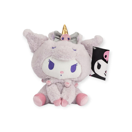 The Sanrio Kuromi Plush - Unicorn is an ideal choice for Sanrio enthusiasts, showcasing a character with a unicorn horn and pastel hues. It possesses large eyes and a soft, rounded body with petite limbs, making it a charming addition to any Hello Kitty or Kuromi Unicorn collection.