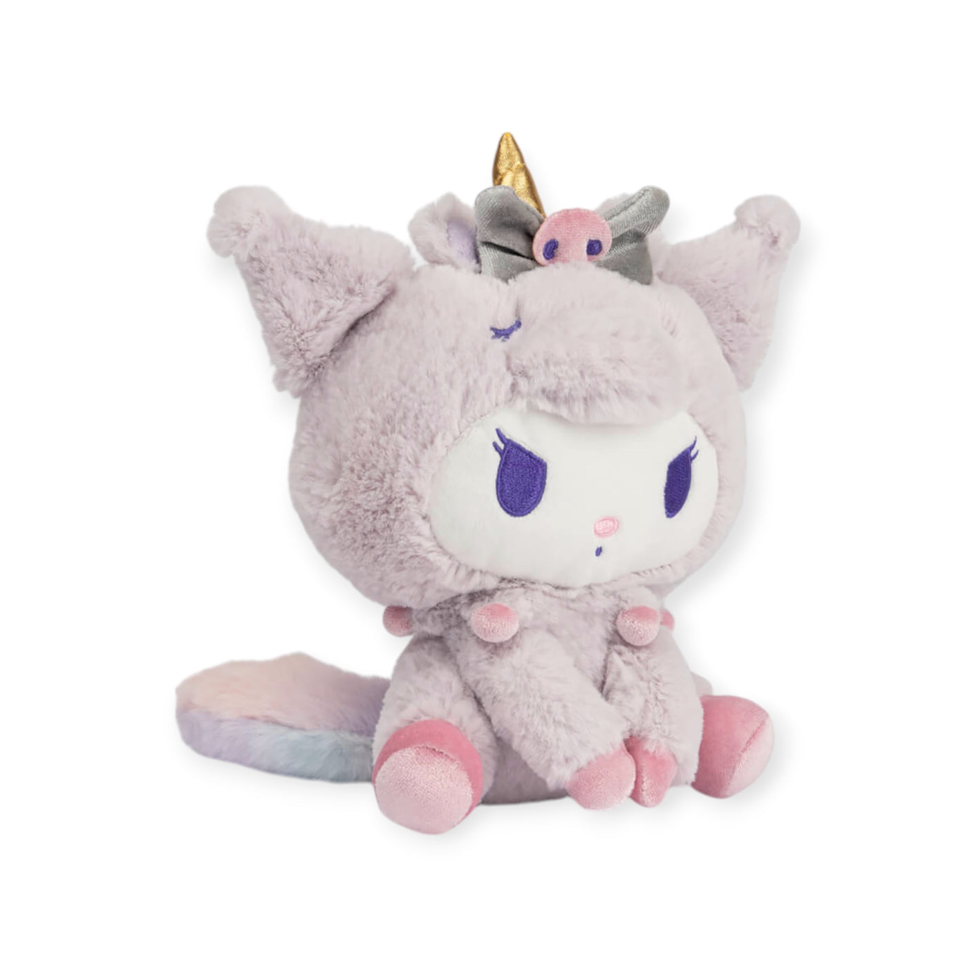 This Sanrio Kuromi Plush - Unicorn by Hello Kitty showcases a gray and white cat adorned with a unicorn horn and tiny wings, seated with a neutral expression. Ideal for Sanrio enthusiasts, it embodies the whimsical charm of Kuromi Unicorn.