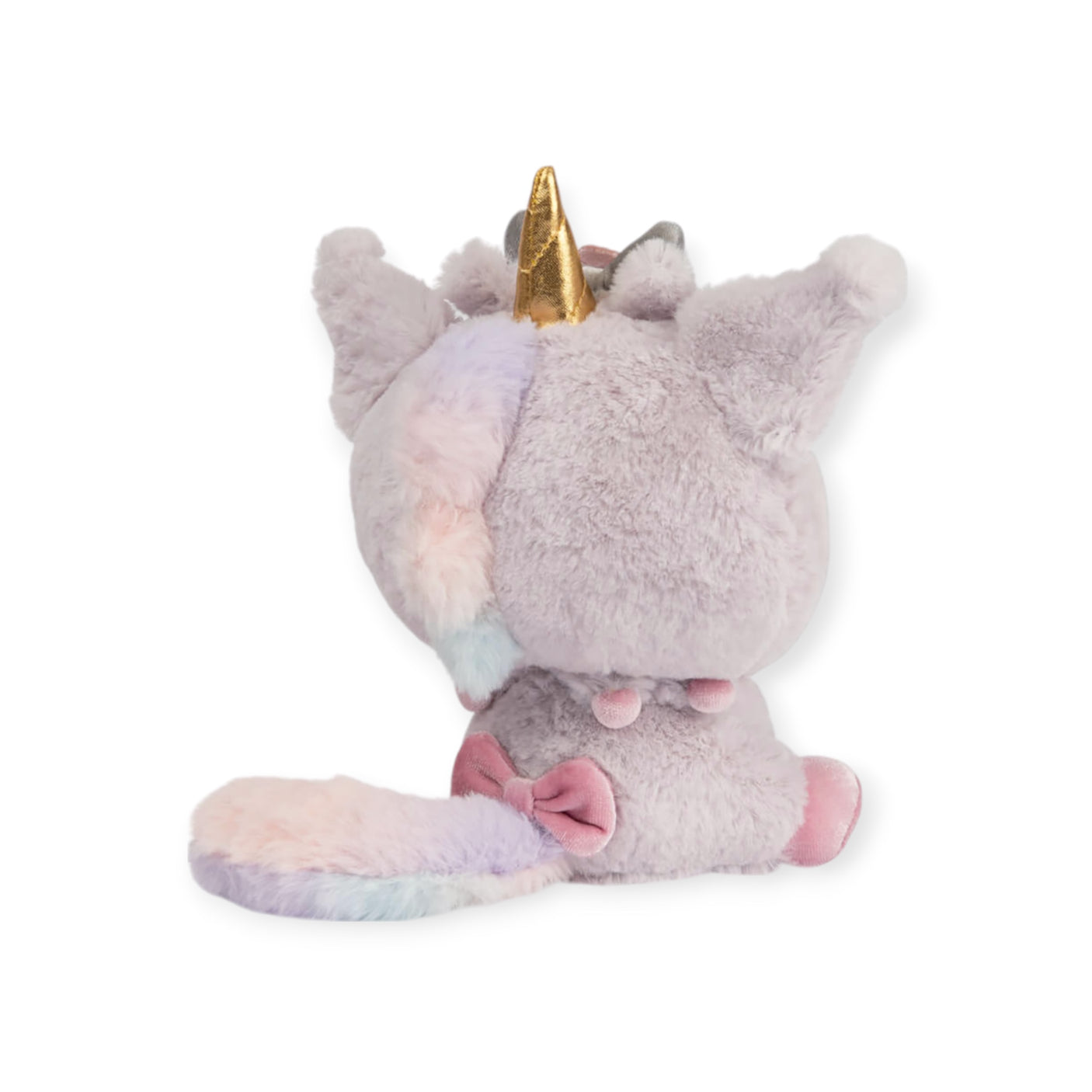 The Sanrio Kuromi Plush - Unicorn toy features a gold horn, pink feet, and a pastel-colored tail, making it a delightful choice for Sanrio fans. As part of the Hello Kitty brand collection, it's an enchanting addition to any enthusiast's assortment.